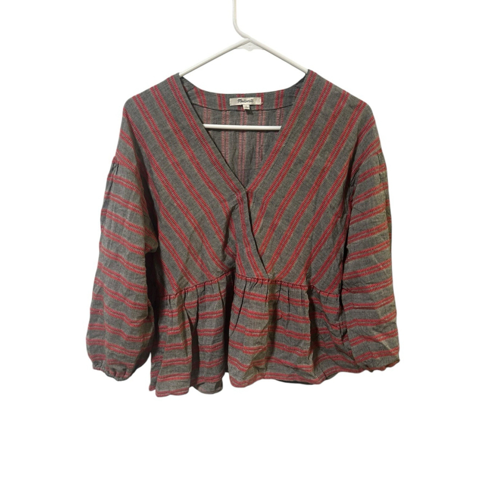 Madewell Size Small Gray Red Striped Bubble-Sleeve Peplum Top Peasant Blouse
